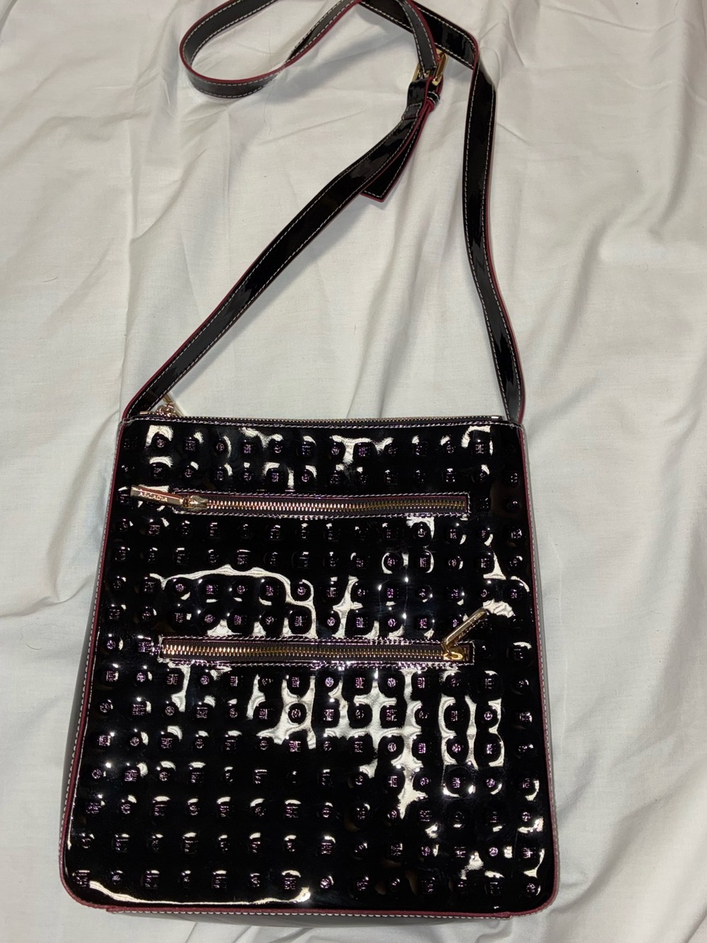 Arcadia genuine patent leather made in Italy black & red strap crossbody bag